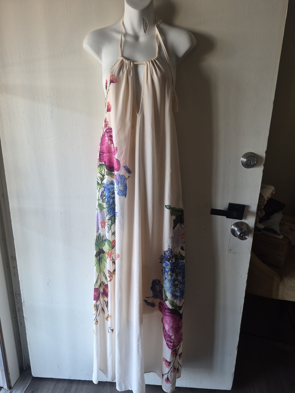 Forever 21 Cream Floral Halter Maxi Dress with Pink & Blue Accents